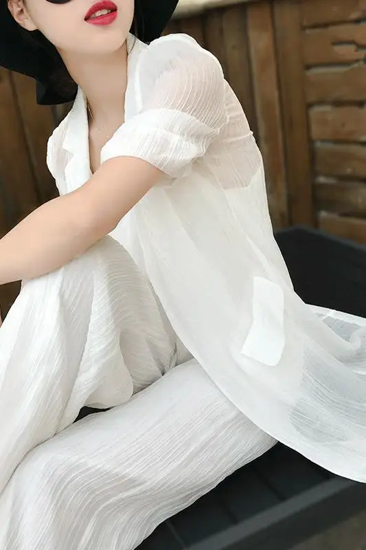 Ele – Ensemble de costume blanc pour femmes, avec manteau et pantalon à jambes larges, longueur Midi, tenue d'été professionnelle pour dames