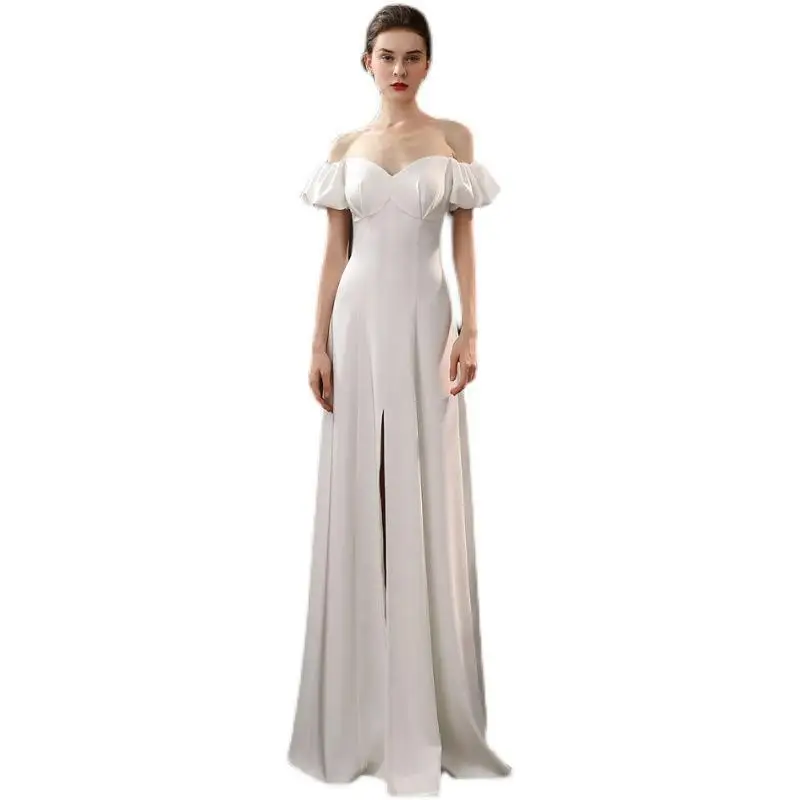 Robe de mariée vintage en satin blanc cassé sans bretelles, manches courtes, robe sexy