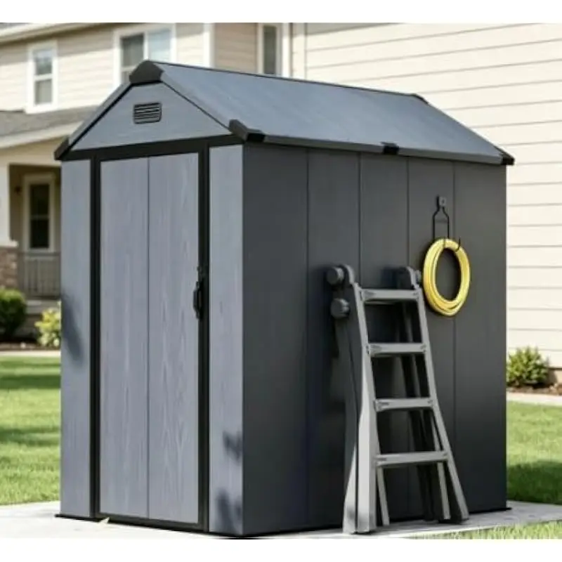 4 ft x 6 ft weather-resistant resin storage structure with double-wall reinforcement, sloped roof, ventilated interior, UV-stabi