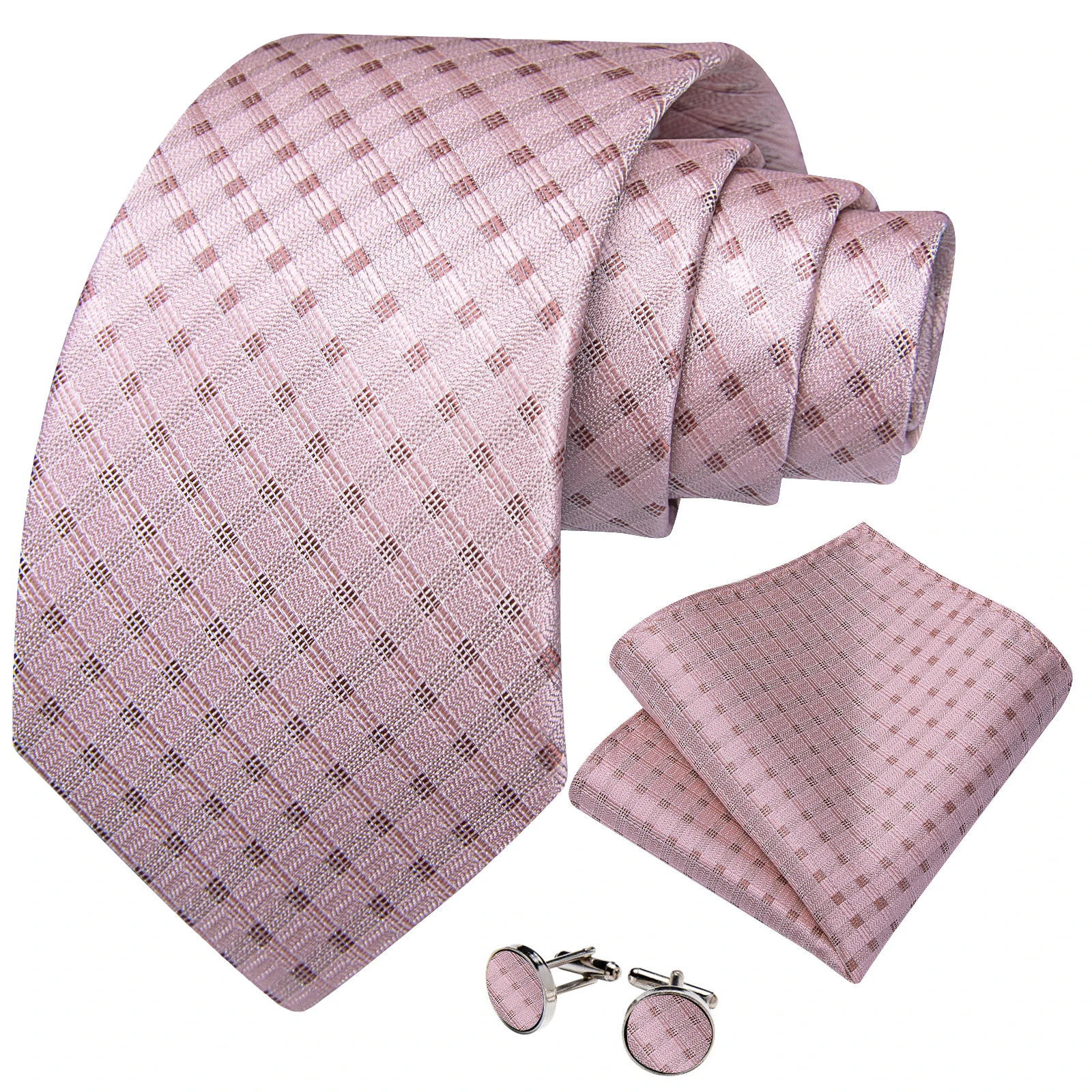 Mens Check Dot Necktie 3pcs Set, Matching Pocket Square & Cufflinks, Formal Business Suit Accessory For Office Wedding Banquet