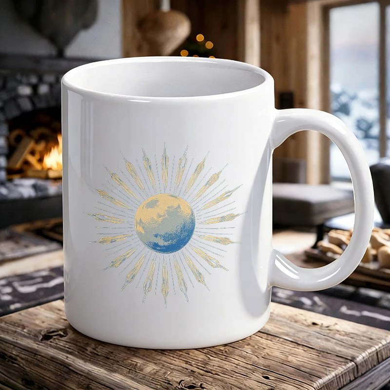 

Boho Blue & Gold Sun Ceramic Mug Mystical Celestial Coffee Cup, Milk Cup, Office Cup, Gift for Friends, Fade-Resistant