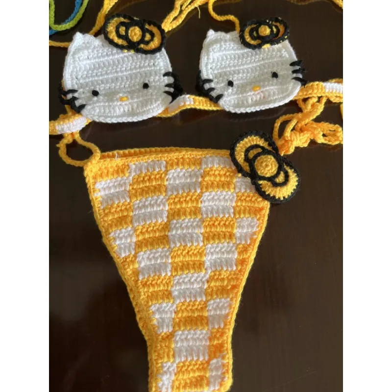 Conjunto de biquíni de crochê fofo da senhora 2 peças maiô sexy micro biquinis 2024 laços maiô tangas roupa de banho das mulheres