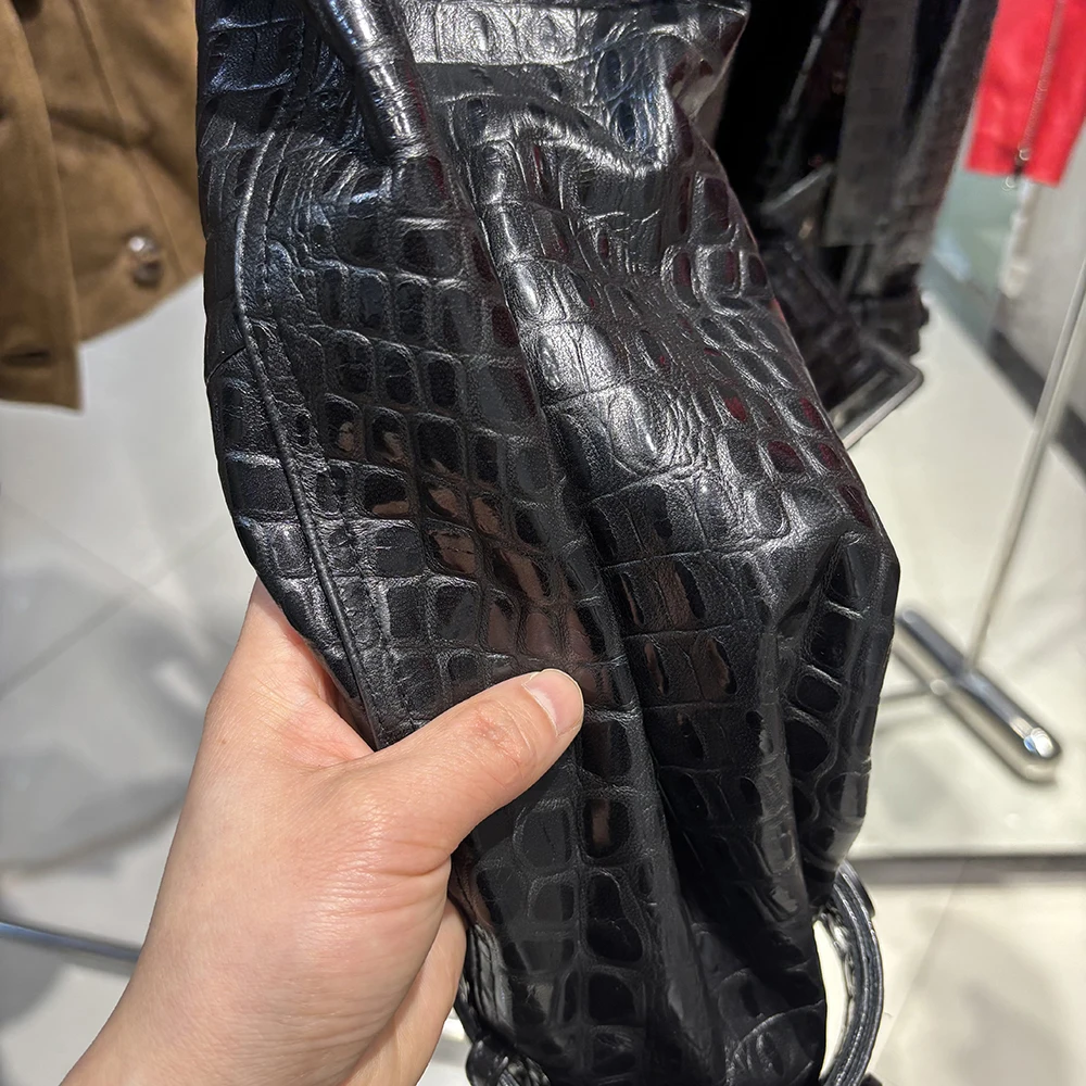 YOLOAgain Double Breasted Croc Pattern Leather Jacket Women 2026 Autumn New Genuine Leather Jacket Ladies