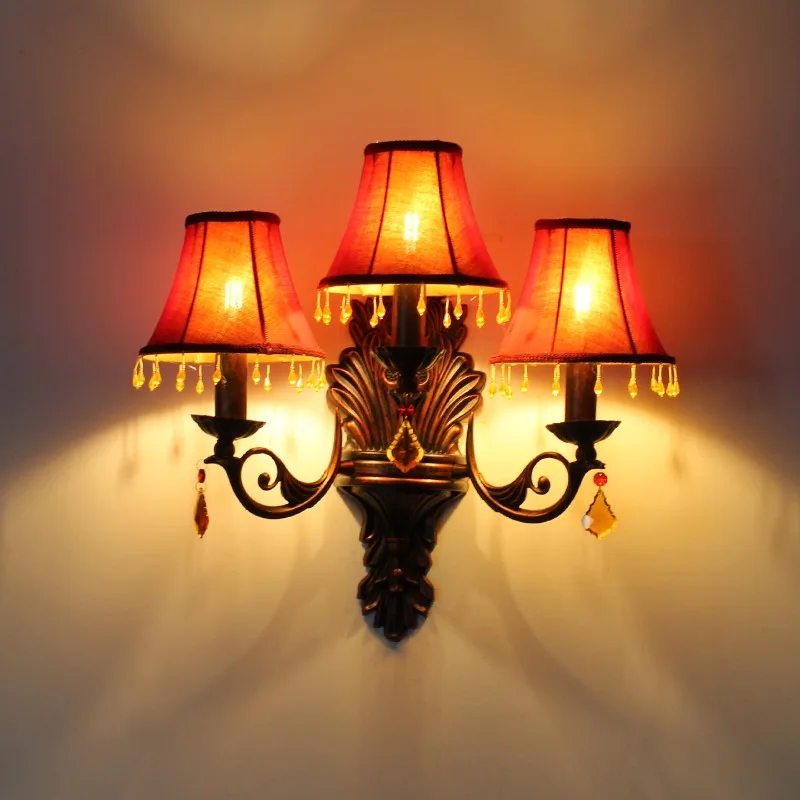 

European Carving Wrought Iron Wall Lamps Crystal Light Fabric Lampshade Living Room Bedroom Hotel Restaurant Atmosphere Sconces