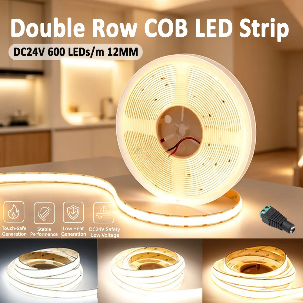 24V Double Row COB LED Strip Super Bright 600LEDs High Density Dimmable 3000K/4000K/6000K 12mm PCB Flexible Tape Light for Room