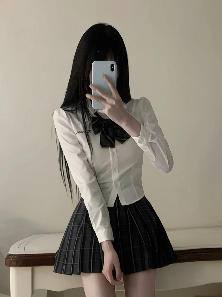 

Women's Autumn Preppy Style Shirt And Skirt Set High Waist Long Sleeve Button up Cotton Polyester Blend Fashion Ensemble