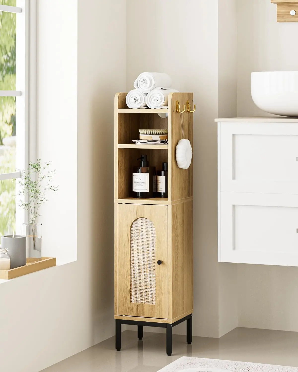 

Bathroom Storage Cabinet, Small Corner Floor Hutch with 2Hooks,Narrow Toilet Paper Cabinet with Rattan Door,Bathroom Org