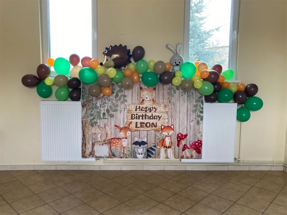ไม้วันเกิดพื้นหลังสําหรับภาพสีน้ํา Fox ยีราฟ Safari Baby Shower ที่กําหนดเองแบนเนอร์โปสเตอร์ Party ฉากหลัง