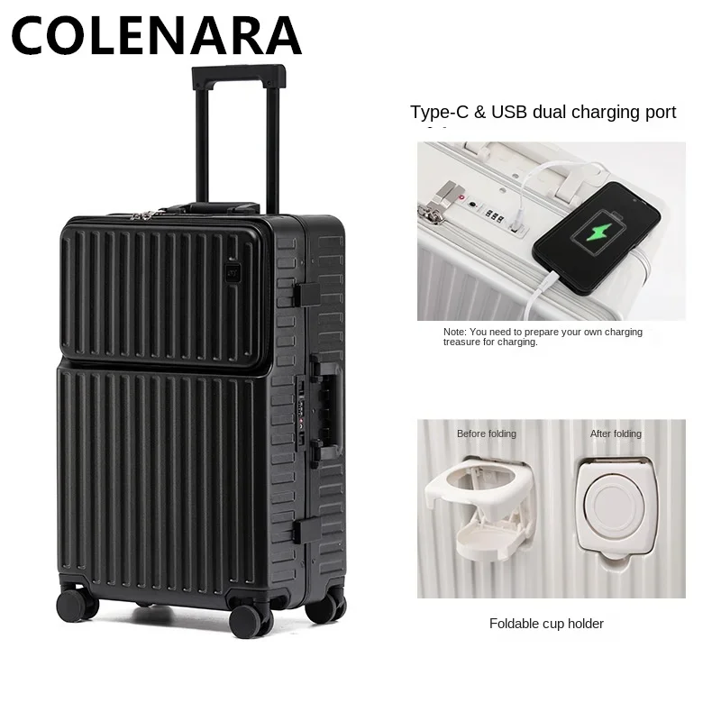 COLENARA ABS+PC Suitcase USB Charging Front Opening Boarding Case 20"24"26 Inch Laptop Trolley Case Carry-on Travel Luggage