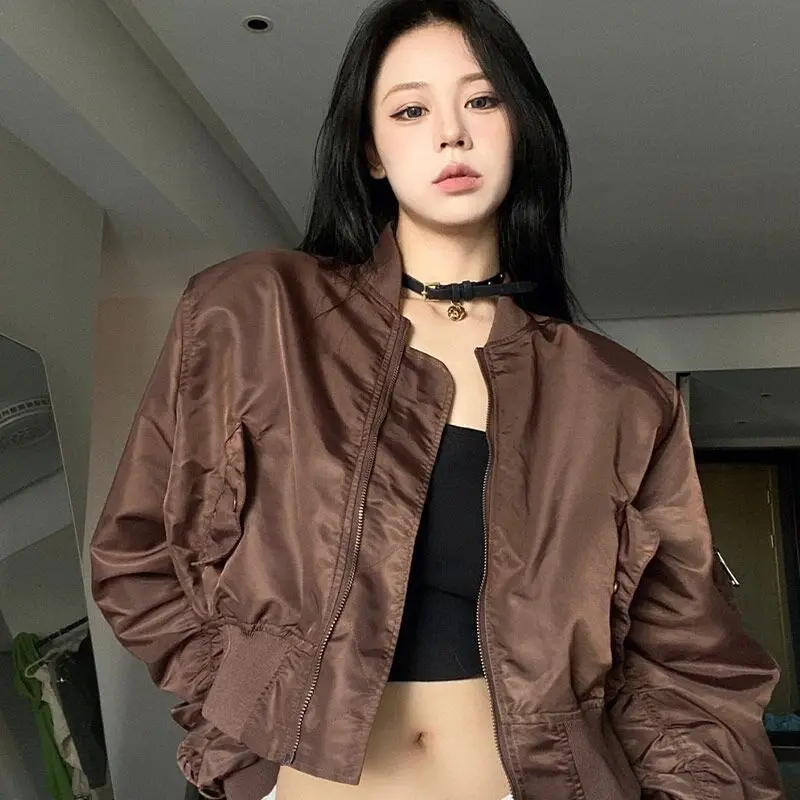 Deeptown Vintage Brown Bomber Short Jacket Women Korean Streetwear Oversize Cropped Jackets Casual Y2k Harajuku Fashion Coats