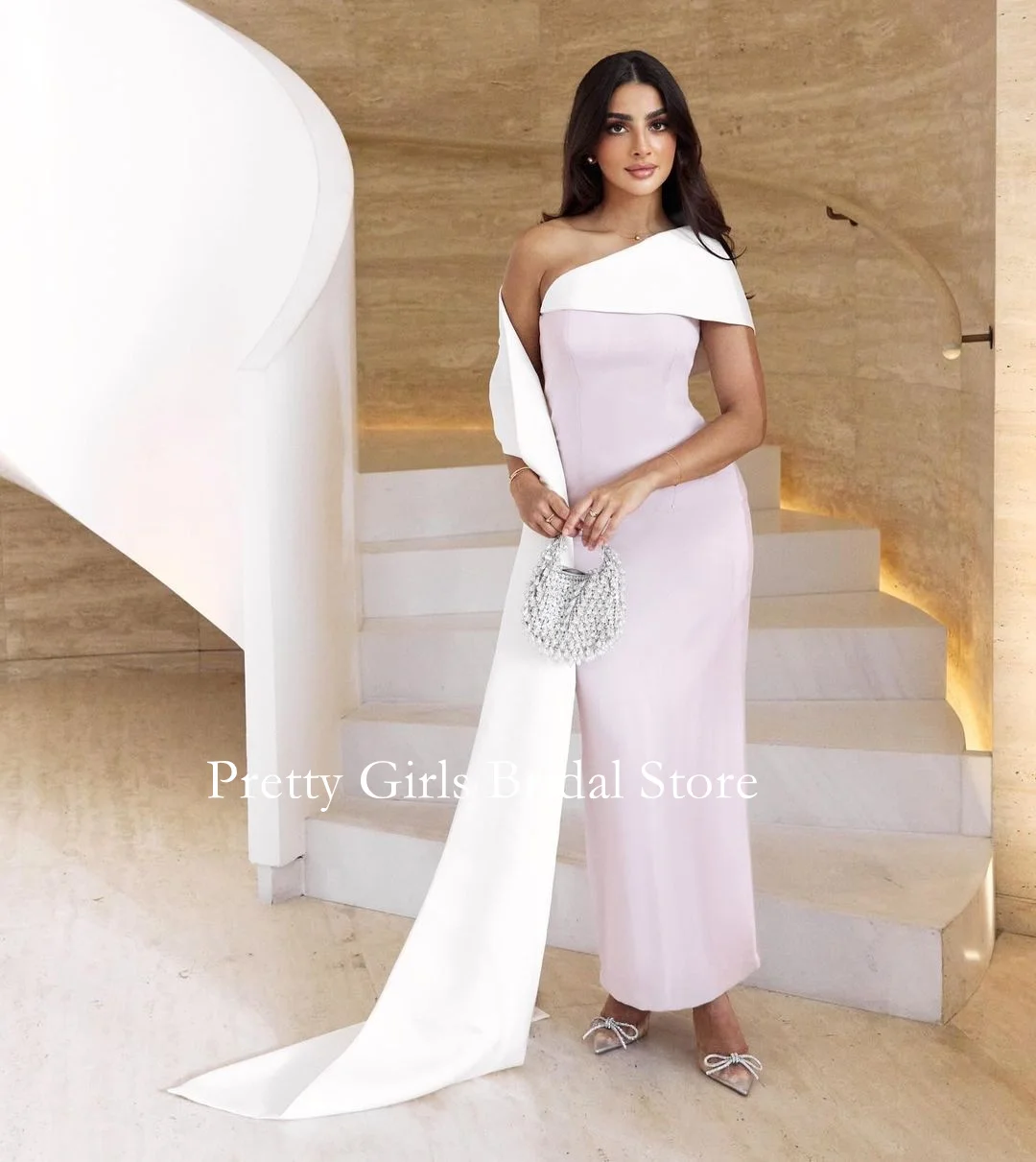 

OEING Arabic Style Crepe Satin Evening Dresses PINK DRESS Oone-Shoulder Sheath Formal Prom Growns Party Women Bride