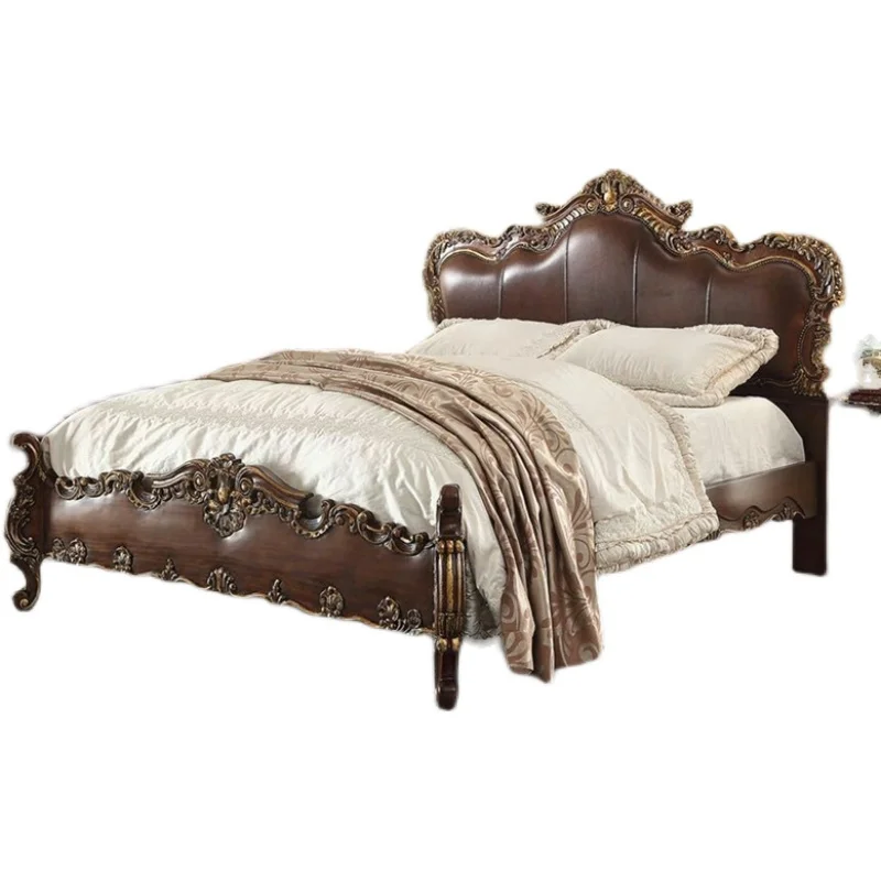 European-style Retro  Style Classical Villa Texture Peach Blossom Core Wood Heavy Industry Carved First Layer Cowhide bed