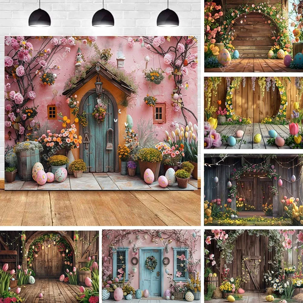 

Happy Easter Background Spring Flower House Bunny Eggs Festival Party Family Portrait Photography Backdrops Photo Studio Props