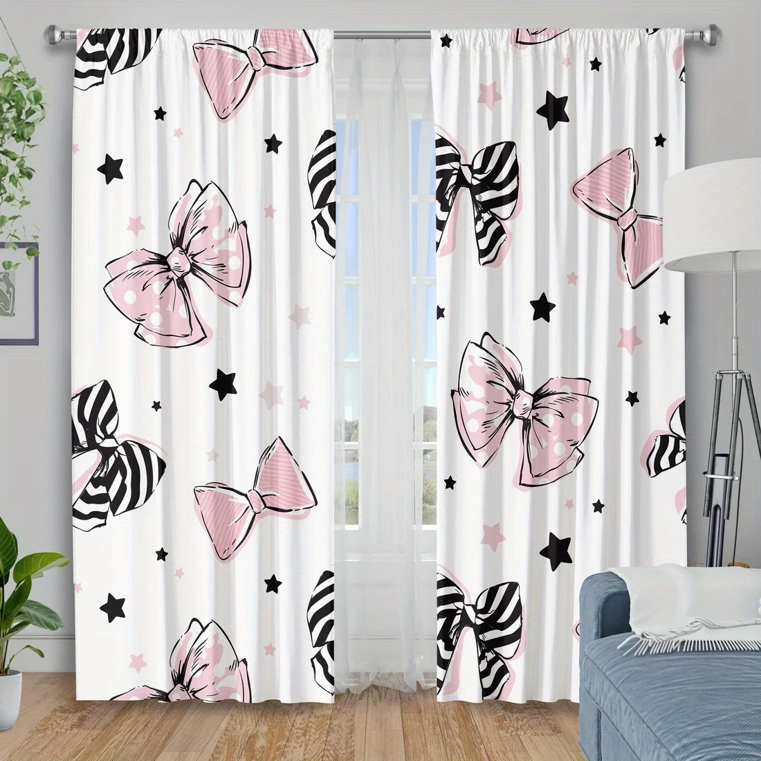 2 Panels Pink Bow & Star Print Curtains, Sweet Cartoon Polyester Drapes, Girls Room Window Decor, Cute Home Textile