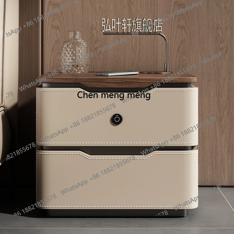 Saddle leather smart bedside table new solid wood medium and ancient style modern simplicity and high senseH