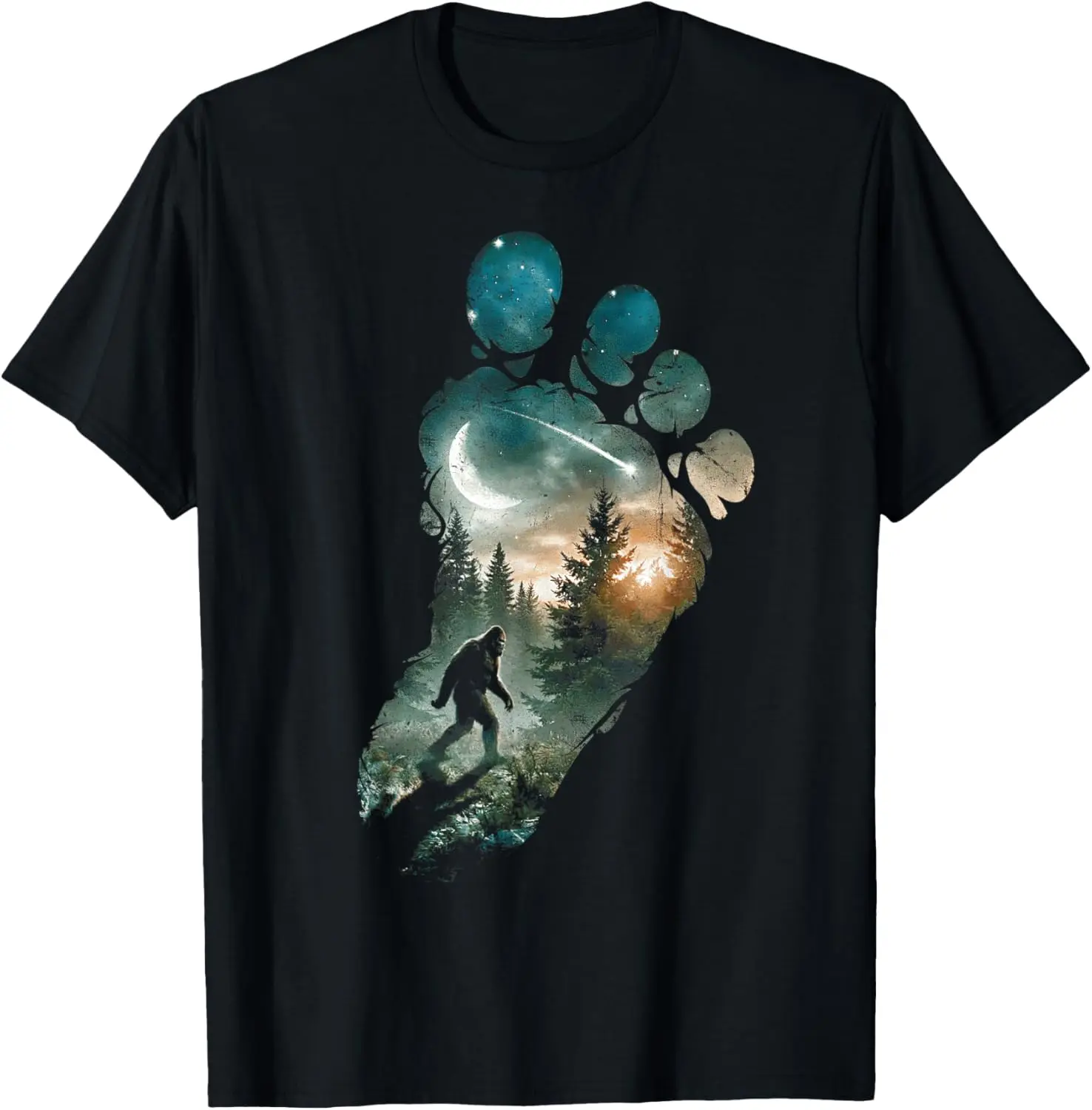 Bigfoot Footprint Moon Light Mountain Trees Forest Sasquatch T-Shirt Tee – Soft, 100% Cotton Trendy Y2K Short-Sleeve Tee-Soft,