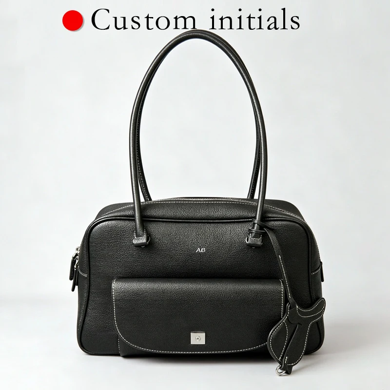 Customize Initials Leather Grain Boston Bags For Women Luxury Designer Handbag And Purses 2026 New In Cowhide Underarm Shoulder