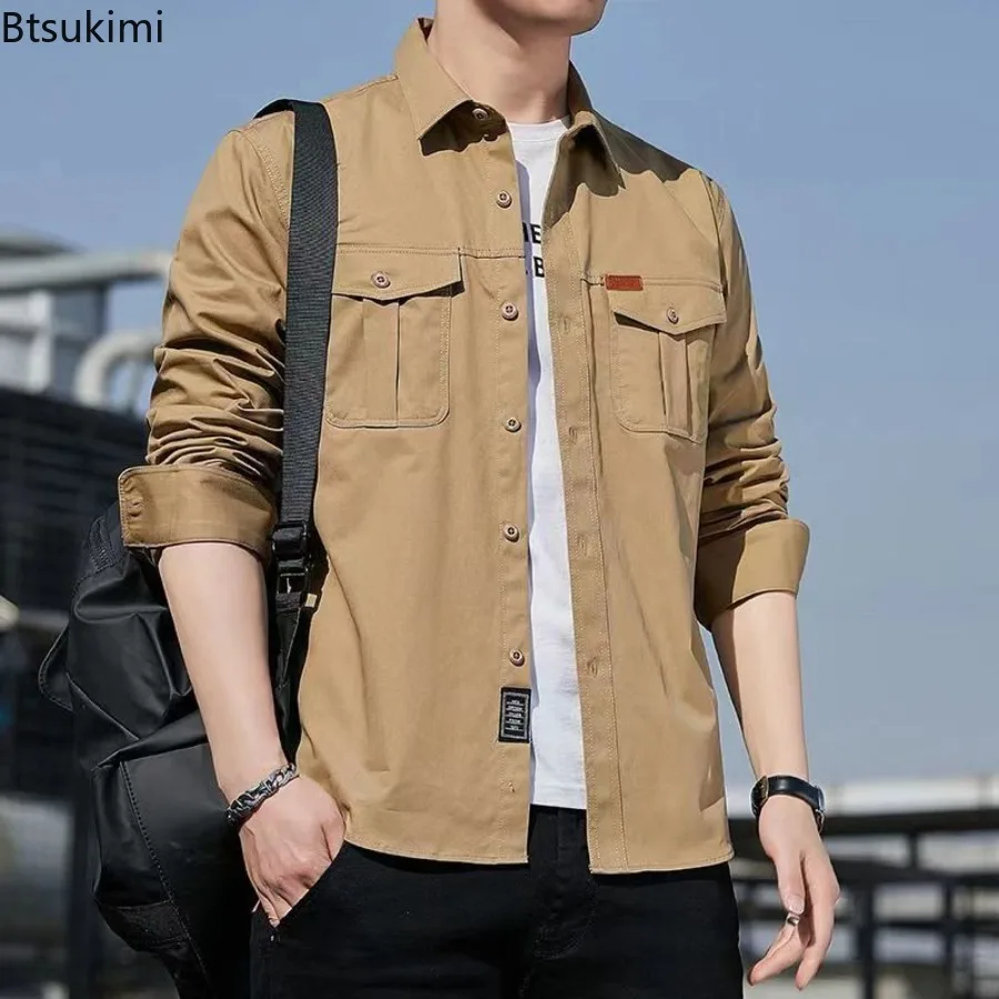 100% Cotton Cargo Shirts Spring Autumn Men's Long Sleeve Loose Casual Shirt with Pockets High Quality Men Clothing Shirt Jackets