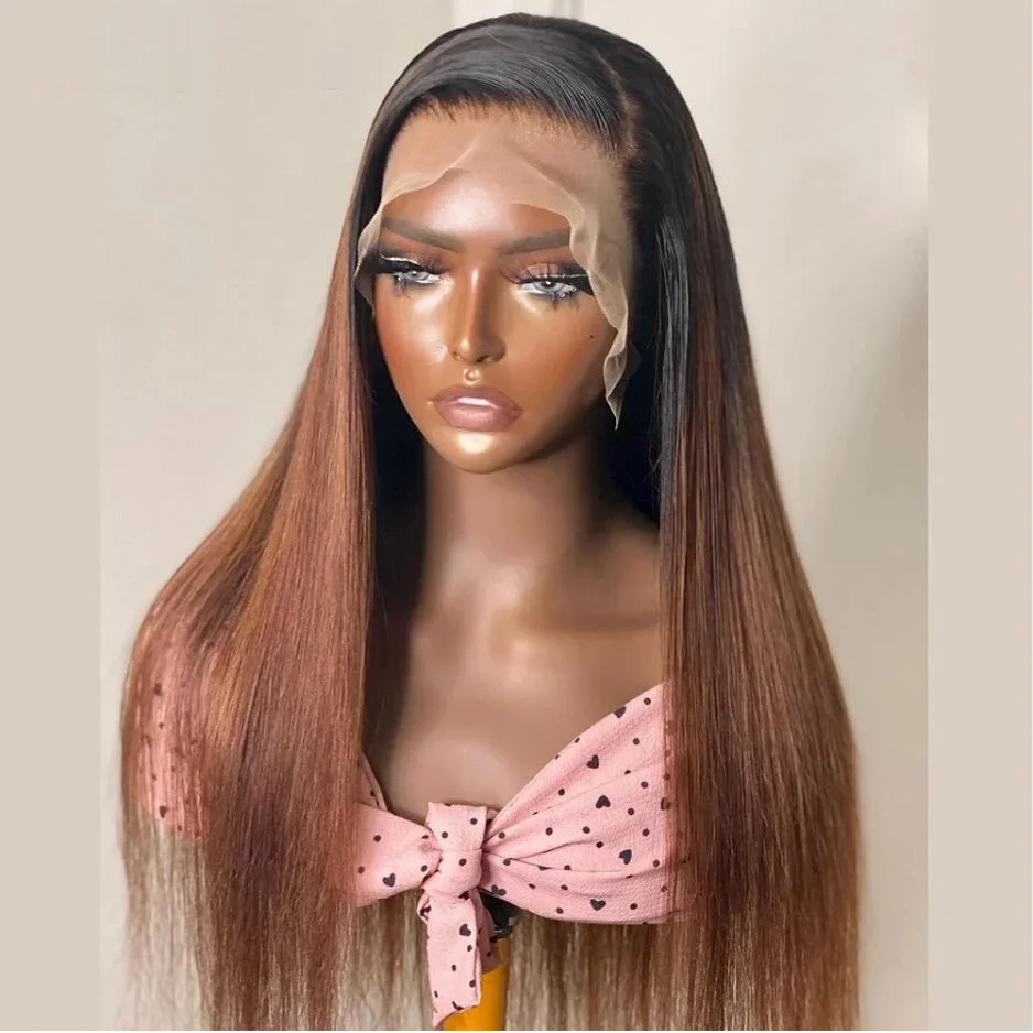 Glueless 26 inch 180Density OmbreBrown Silky Straight 5x5 Silk Base Preplucked Jewish Human BabyHair HD Lace Wig European Hair