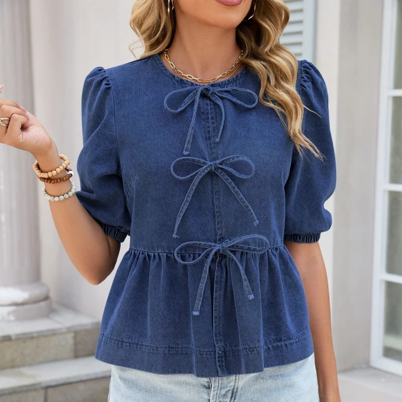Women's Cowboy Top round Neck Three-Dimensional Bow Tie Bubble Short Sleeve Waist Cinching Short Shirt