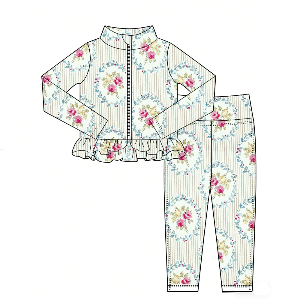 Boutique Hot-Selling Girls' Outfit Long-Sleeved and Long-Legged with Ruffled Zipper and Flower Print Custom Wholesale