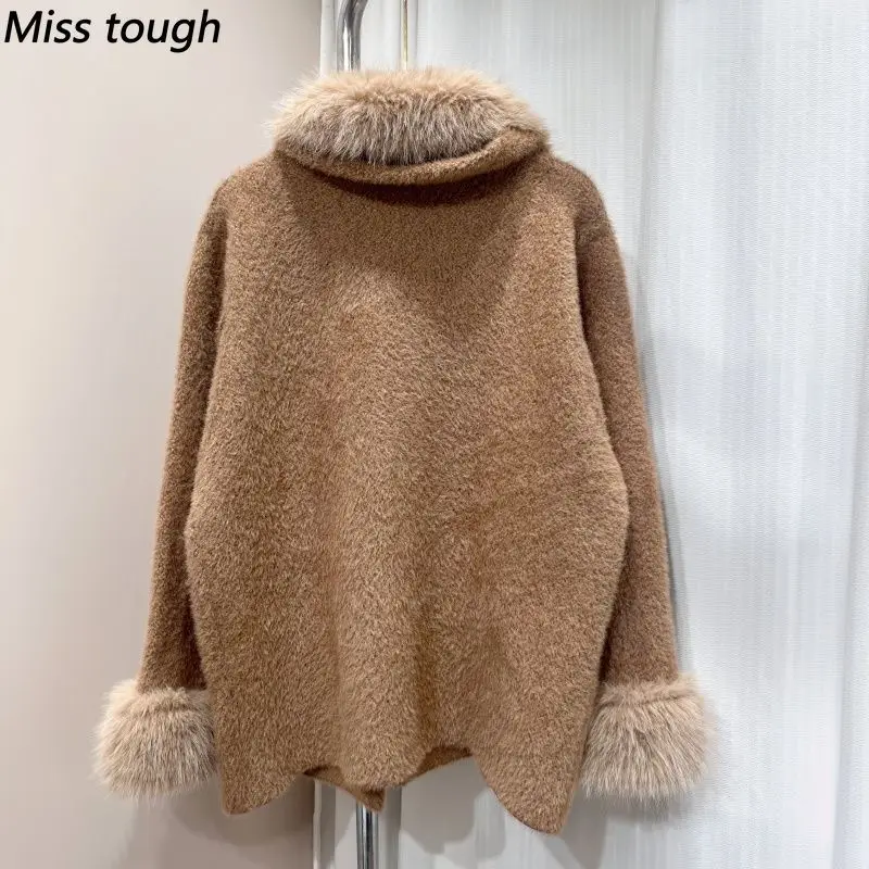 Thicken Winter Coat Women Faux Fur Collar Cuff Double Breasted Loose Fit Knit Warm French Vintage Daily American Windbreak New