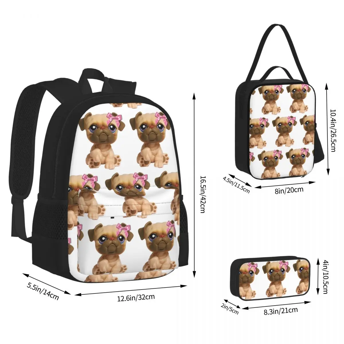 Coquette Littlest Pet Shop LPS Bulldog 451 Backpacks Boys Girls Bookbag School Bags Rucksack Lunch Bag Pen Bag Three-Piece Set