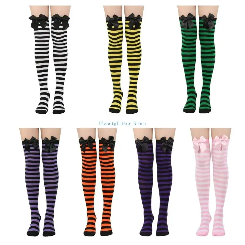 652B Women’s Stretchy Over The Knee Socks Fashionable Bows Embellishment Soft Polyester Blend Long Socks For Casual Or Party