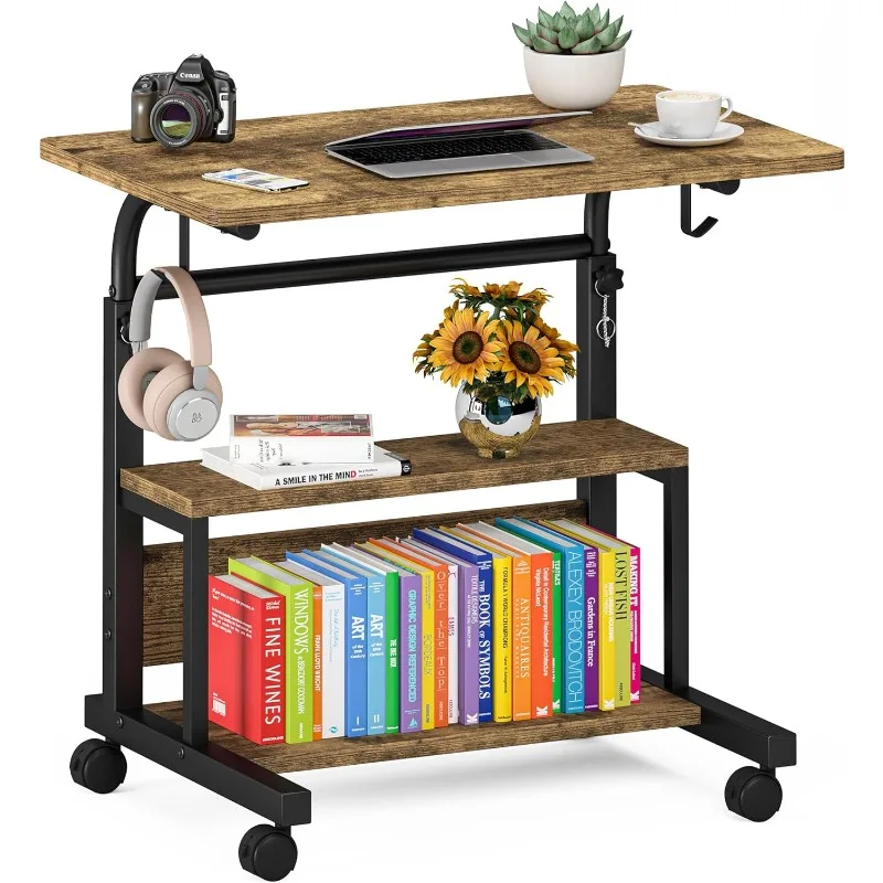 

Portable Desk with Storage Shelves, Height Adjustable Desk with Wheels, Small Rolling Desk with Hooks, Standing on Wheels