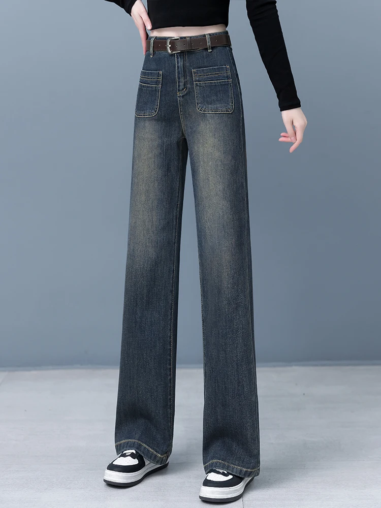 

High Waist Straight Leg Jeans Women's Casual Slim Fit Cement Grey Spring Autumn New Style Loose Wide Leg Pants