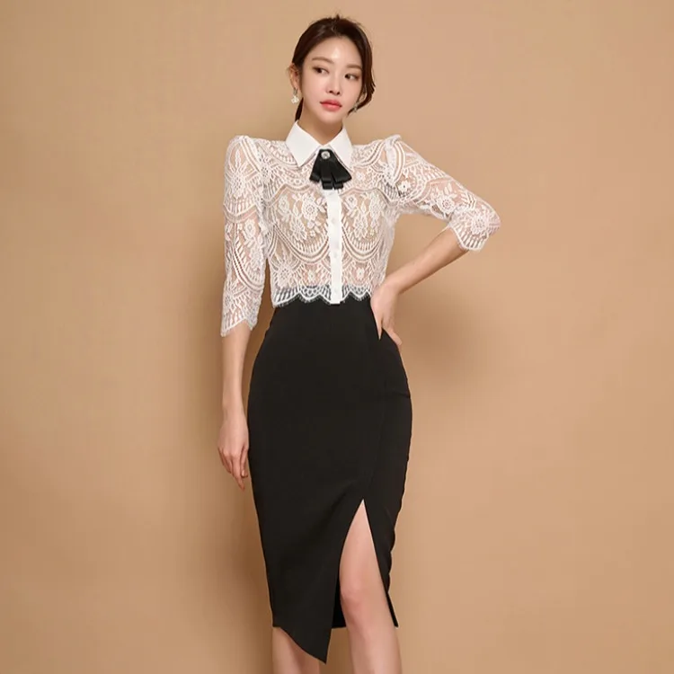 

OL Lady Set 2025 Summer Korean Sle High Waist Slim Fit Split Skirt Two Piece Set Lace Knot Collar Career Women Sk...