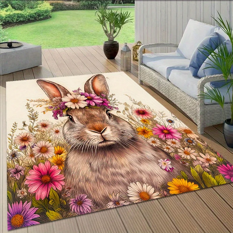 1pc Rabbit Printed Area Rug, Polyester Crystal Velvet, Machine Washable, Versatile for Entryway, Bedroom, Living Room, Game Room