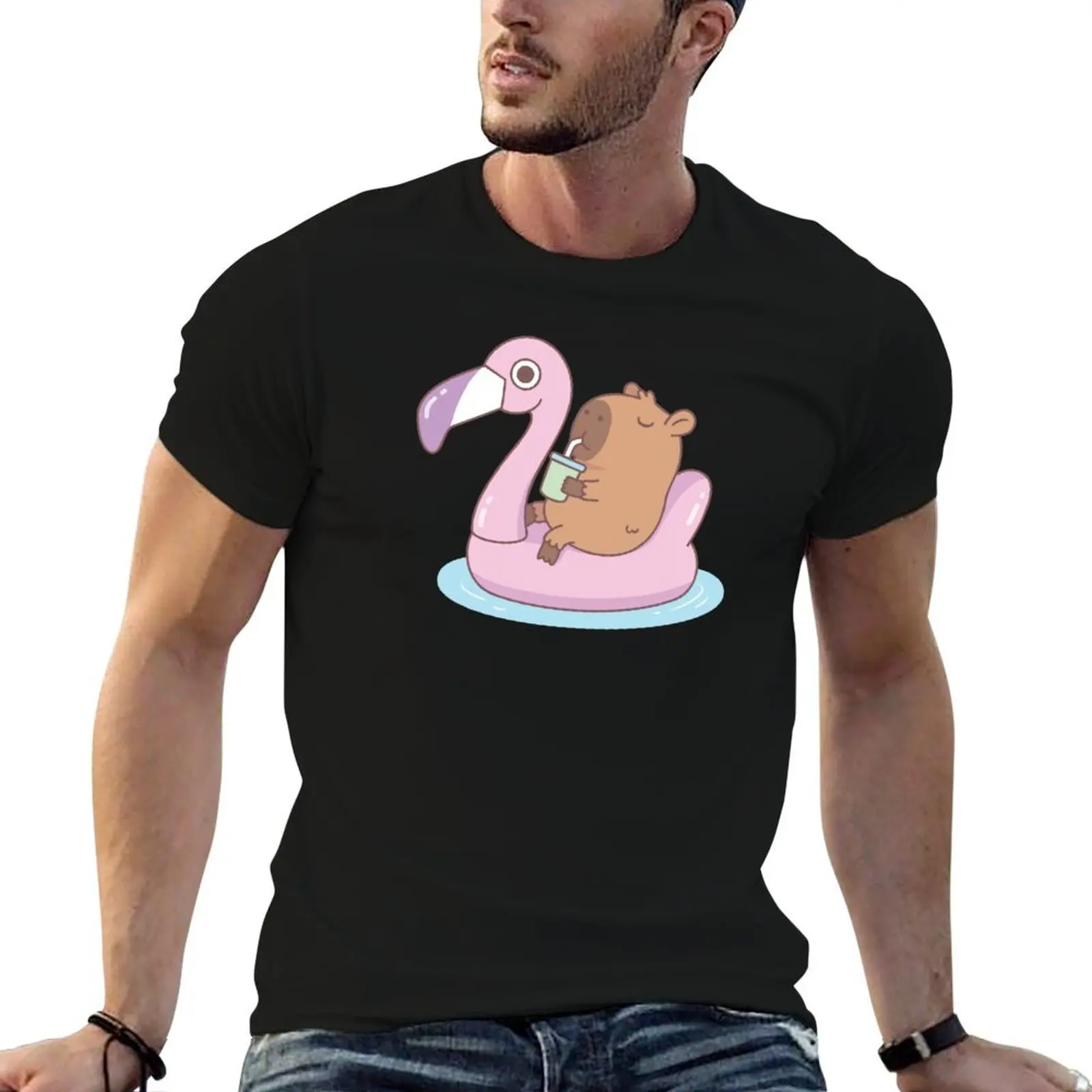 Cute Capybara Chilling On Pink Flamingo Pool Float T-Shirt graphic t shirt vintage Funny t-shirt men clothes