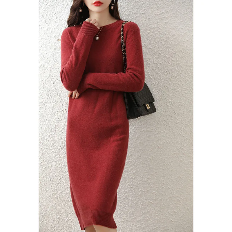 2022 Womens Winter 100% Wool Sweaters And Autumn Knitted Dresses Pullovers High Quality Soft  Warm Knee-Length Jumper S-XXL