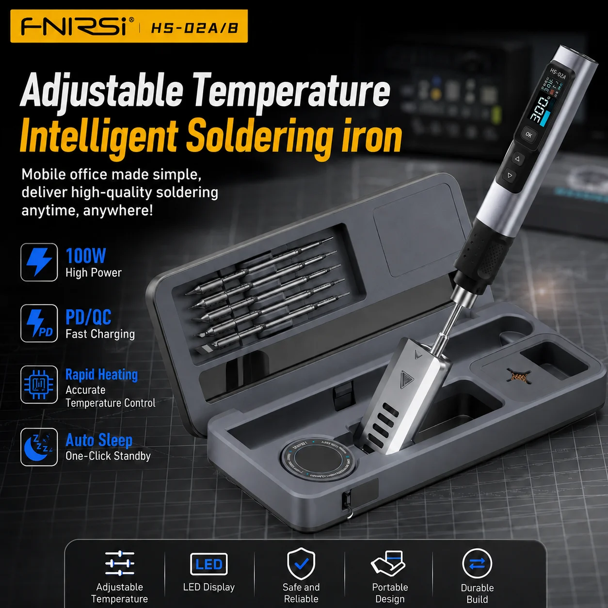 

FNIRSI HS-02A/B 100W PD Soldering Iron DC 20V 100-450℃ Temp Control Ceramic Core Portable Welding Station Repair Tool Kit