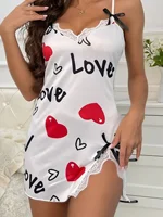 Heart Letter Floral Slip Nightdress Lace Trim Deep V Side Split Sleep Dress Soft Breathable Fabric For Women Night Gown - Image 6