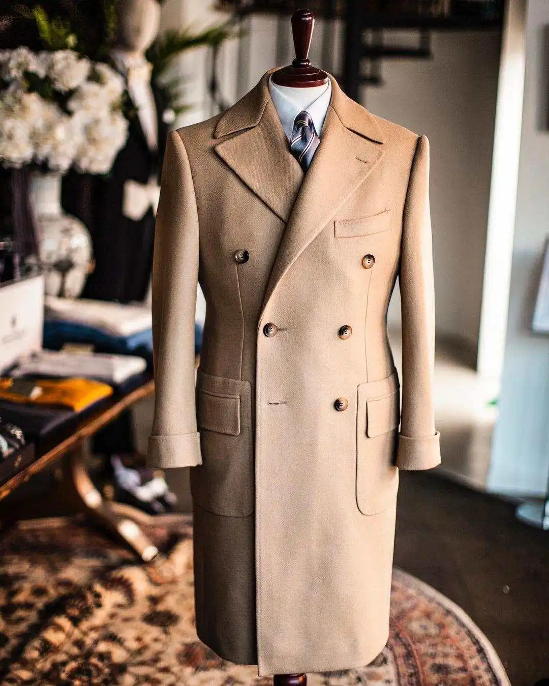 Customized Camel Wool Blend Coat Men Classic Style Overcoat Double Breasted Winter Groom Business Formal Wear One Piece