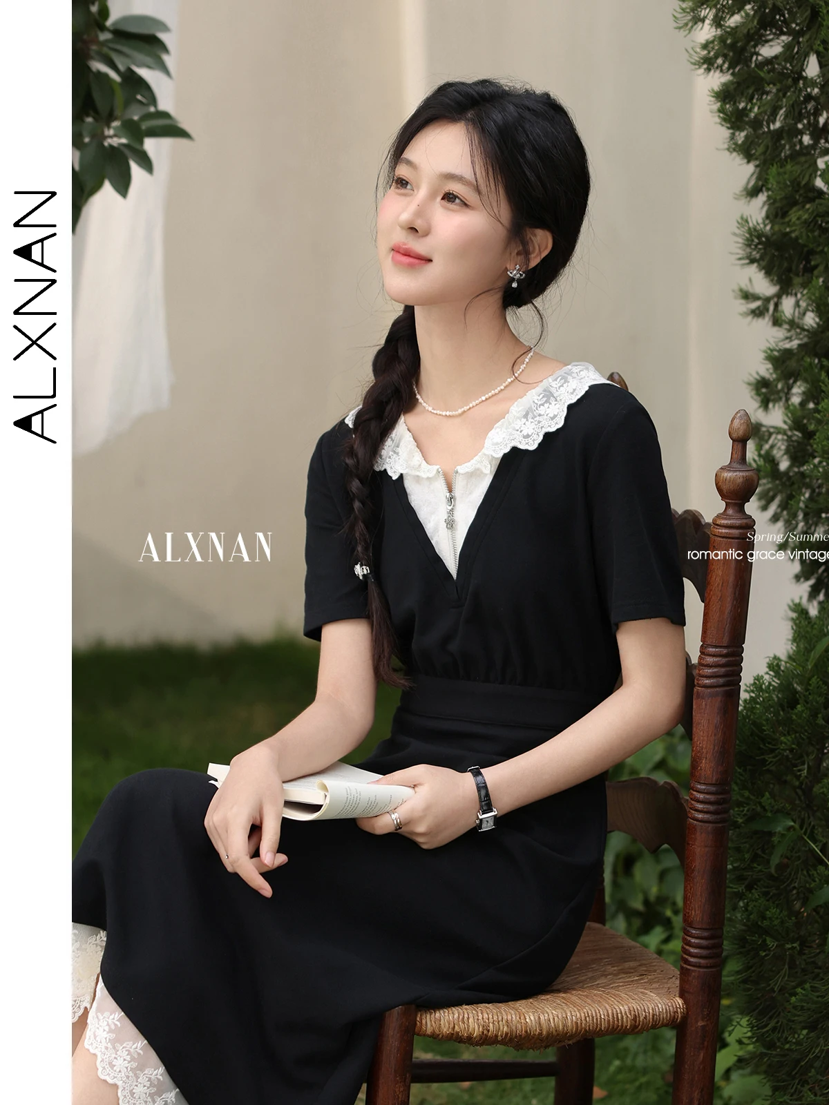 ALXNAN Plus Size Damen Schwarzes Kleid Langes elegantes Spitzen-Patchwork-Midikleid 2025, Sommerurlaub, Baumwolle, Damenbekleidung D10173