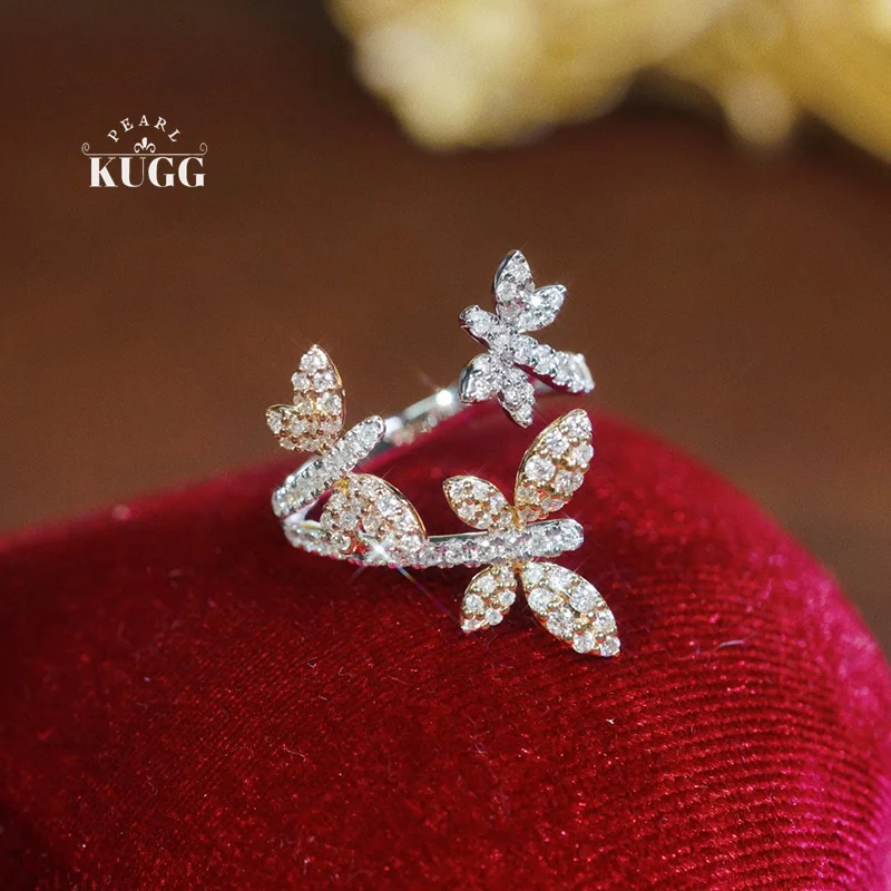 KUGG 100% 18K White+Yellow+Rose Gold Rings Romantic Flower Shape Real Natural Diamond Ring for Women Wedding High Party Jewelry