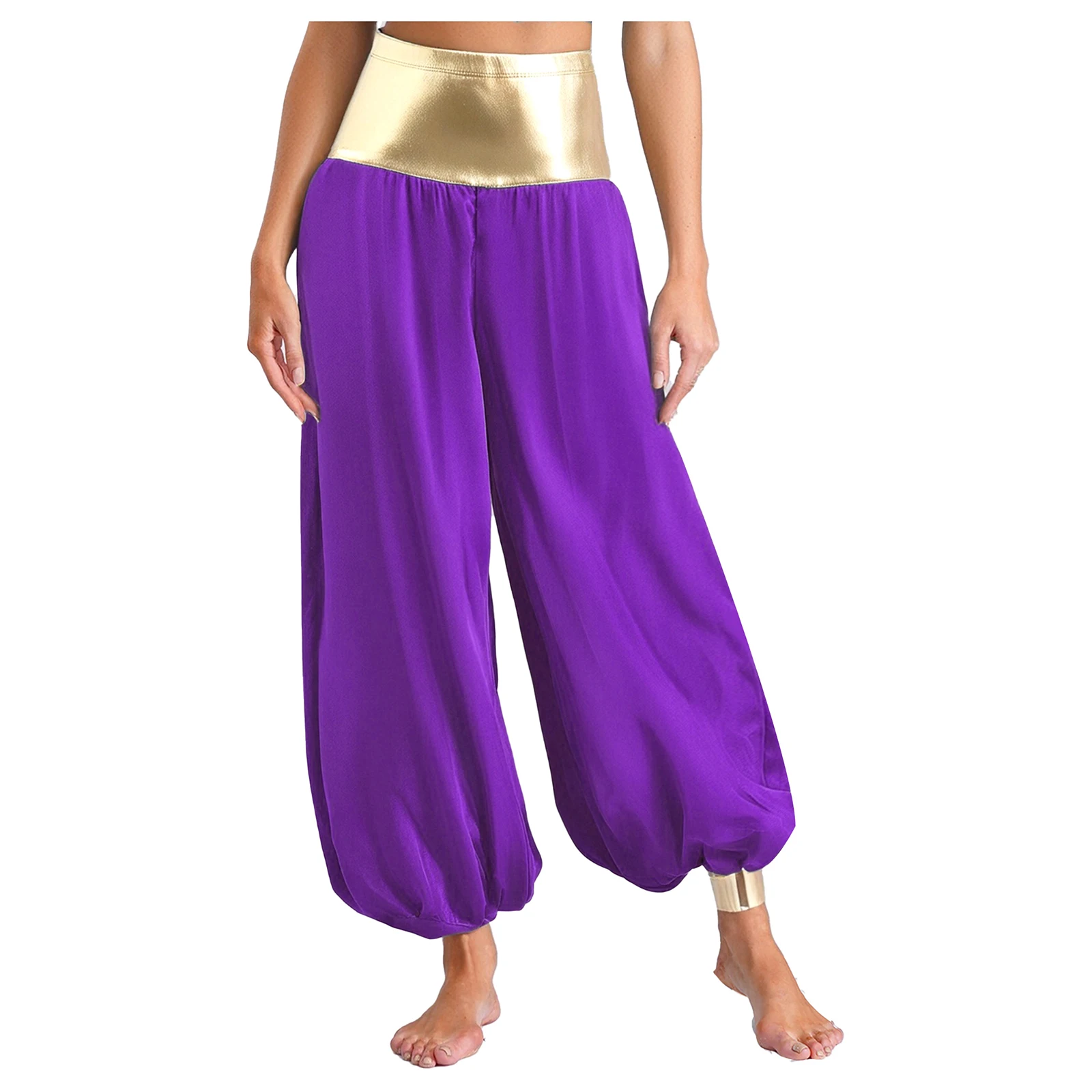 

Women Aladin Arabian Princess Costume Halloween Carnival Magical Cosplay Dress Up Metallic Shiny Satin Loose Harem Pants Trouser