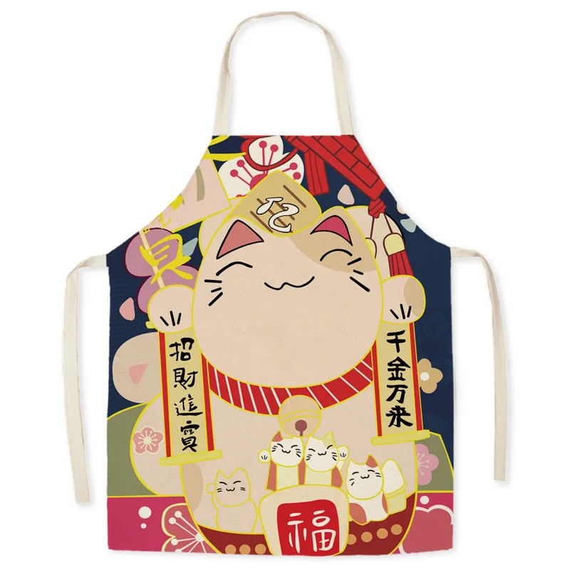 Sleeveless Kitchen Aprons for Women, Japanese Cartoon, Lucky Cat Decoration, Cotton Linen, Home Cooking, Baking Waist Bib Pinafo