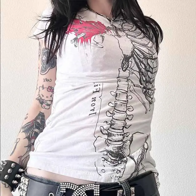 2000s Punk Skull print style Gothic Summer Harajuku women's dark Grunge Round neck slim fit top Retro style Streetwear T-shirts