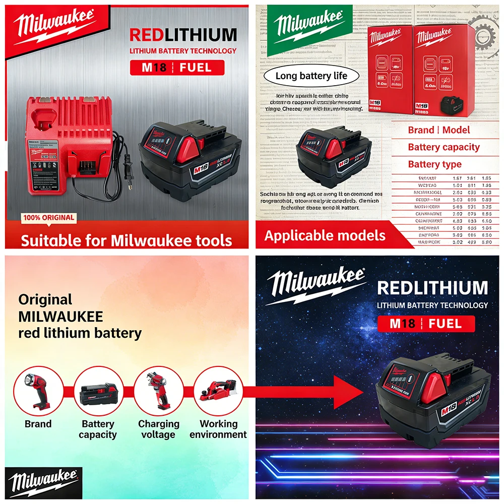 

18V 18650 Milwaukee M18 Power Tool Battery, Charger, BR, XC, 18V, 6000mAh M18B5, 48-11-1860, Built-in rechargeable battery