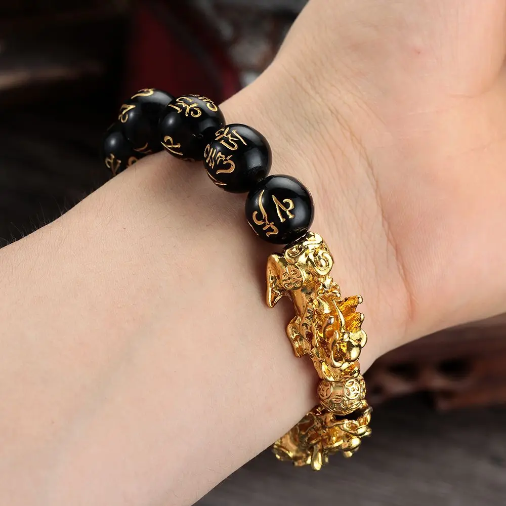 Elastic New Hot Amulet Blessing Jewelry Black Bead Wristbands Black Obsidian Bracelet Obsidian Bangle Golden Pixiu Bracelet