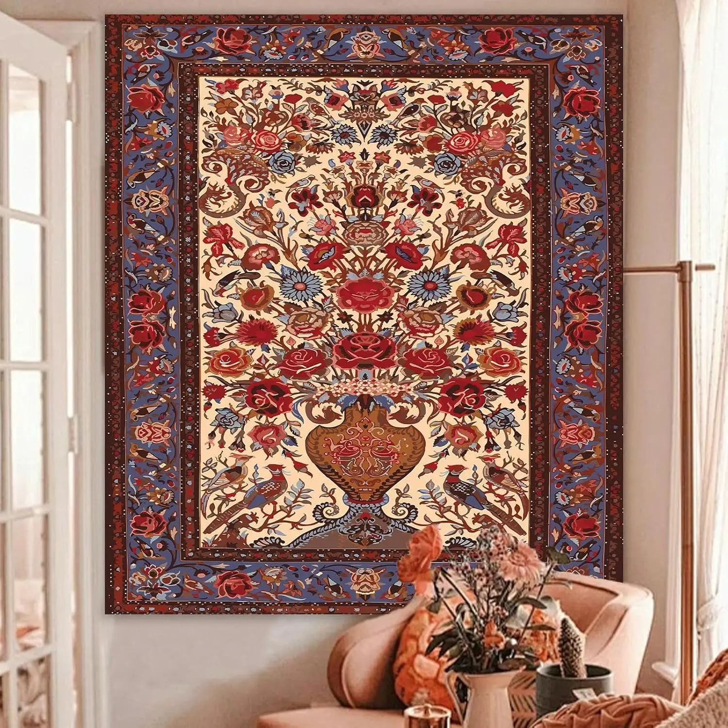 Vintage Boho Floral Tapestry Wall Hanging,Large Persian Flower Wall Art Tapestries Bedroom Aesthetic, Bohemian Indian Decorative
