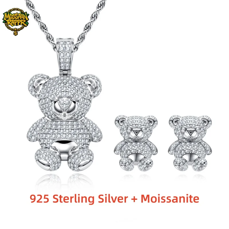 

Ожерелье с мишкой Тедди из муассанита MossanRappr, серьги-мишки в стиле хип-хоп с инкрустацией, для мужчин и женщин, из стерлингового серебра 925 пробы, изысканные ювелирные украшения, подарки