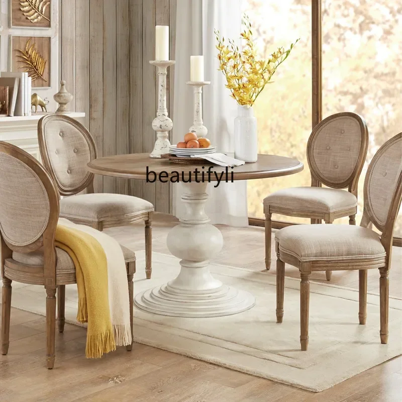 M178 American rural solid wood retro round dining table birch restaurant old round dining table can be customized