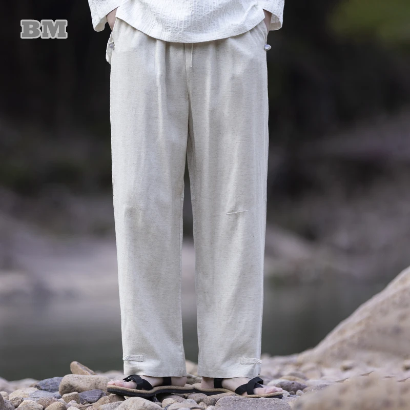 Spring Summer Chinese Style Loose Linen Pants Men Clothing Vintage Plus Size Casual Straight Trousers Thin Tai Chi Kung Fu Male