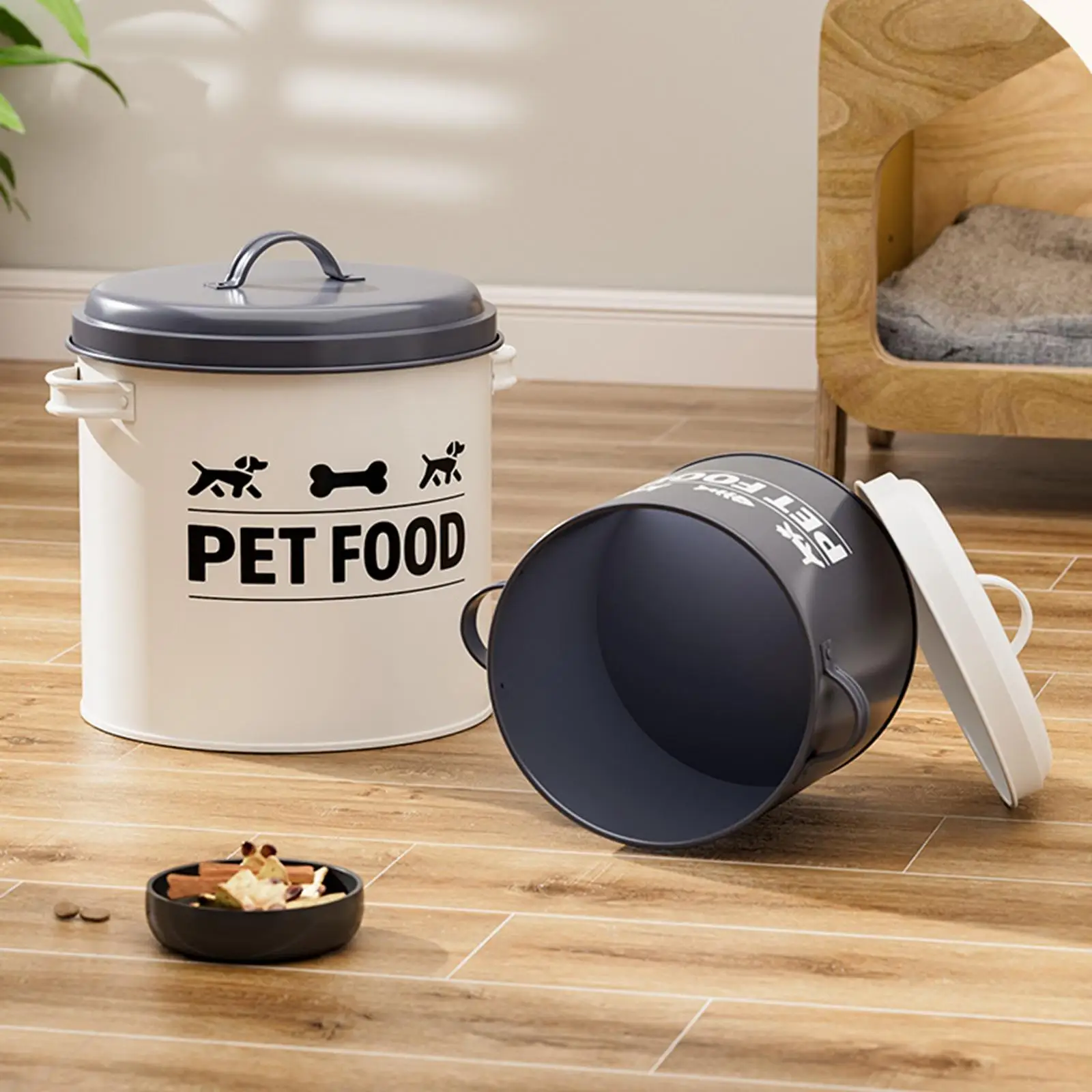 Recipiente de lanche para animais de estimação, economizador de espaço, ferro, frasco de tratamento para cães com tampa, barril de comida hermético para armazenamento de itens essenciais para alimentação de cães