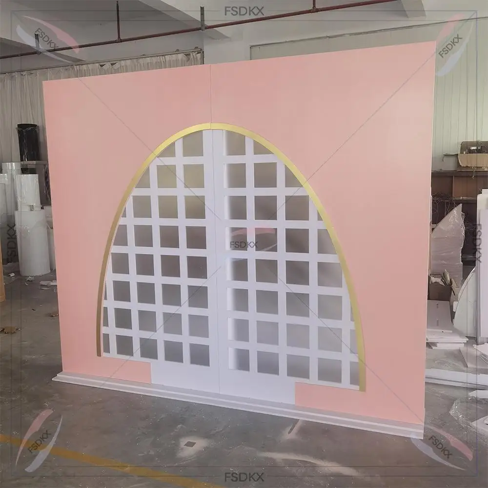 High Quality Craft Golden Acrylic Backdrop PVC Pink Arched Backdrops For Wedding Decoration